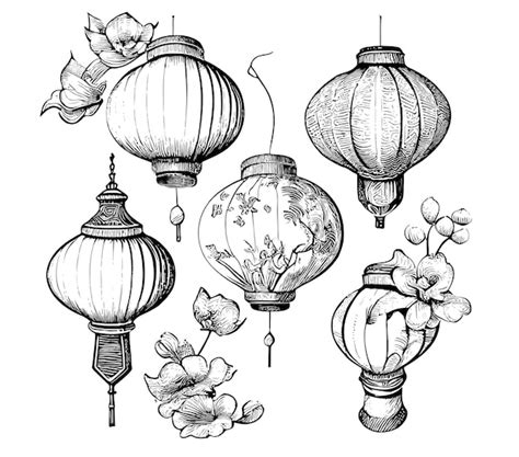 Premium Vector | A drawing of chinese lanterns with flowers and leaves.