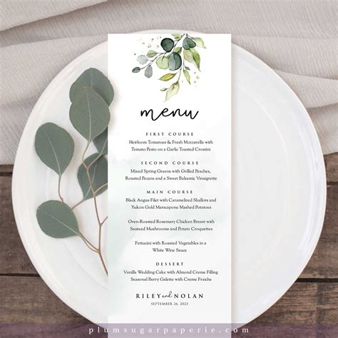 Boho Greenery Wedding Menu Template With Eucalyptus Leaves Etsy