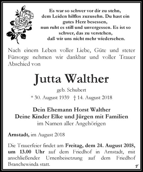 Traueranzeigen Von Jutta Walther Trauer In Thueringen De