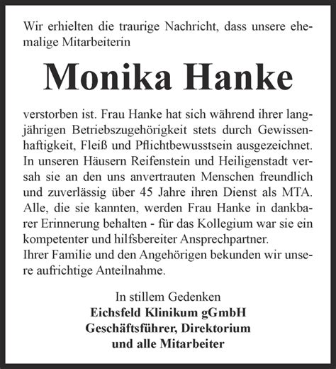 Traueranzeigen Von Monika Hanke Trauer In Thueringen De