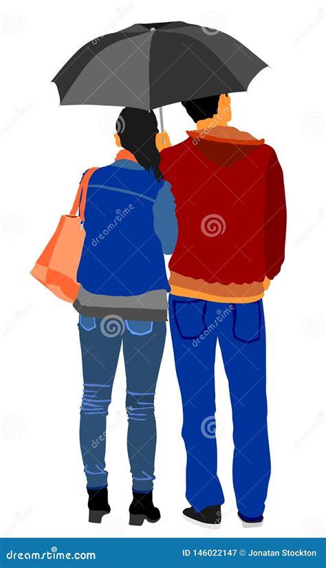 Couple In Love On Rain Under Umbrella Vector Illustration Happy Time For Loving Couple