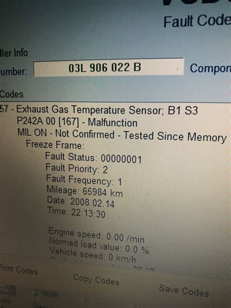 Exhaust Gas Temperature Sensor B1 S3 P242a 00 167 Malfunction Audi A4