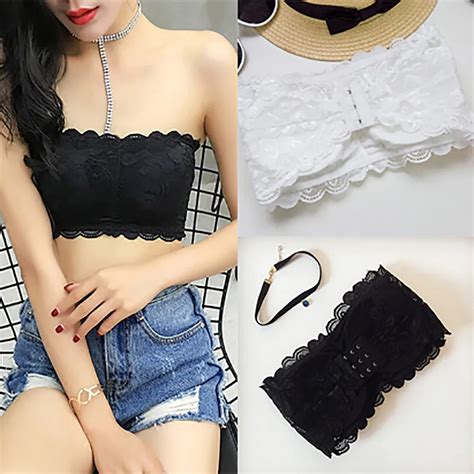 Seamless Women Sexy Casual Lace Wrap Tube Top Summer Strapless Bra Bandeau Short Tanks Black