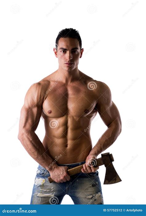 Shirtless Muscular Male Model With Axe Stock Photo Image Of Looking