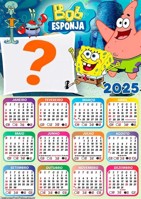 Calendário 2025 Bob Esponja Foto Montagem Grátis Colagem de Foto