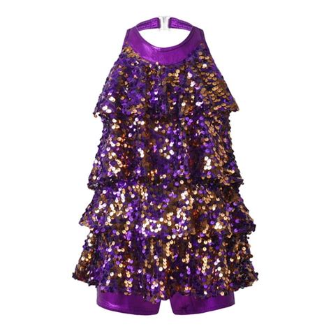 Renvena Kids Girls Sleeveless Shiny Sequins Halter Tassel Dress Latin