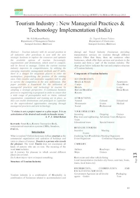 Pdf Tourism Industry New Managerial Practices And Techonology