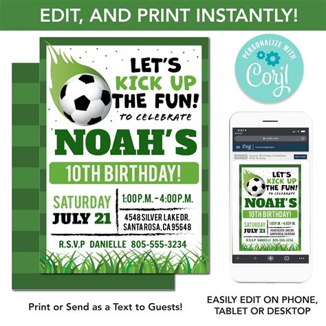 Editable Soccer Birthday Party Invitation Instant Template Download