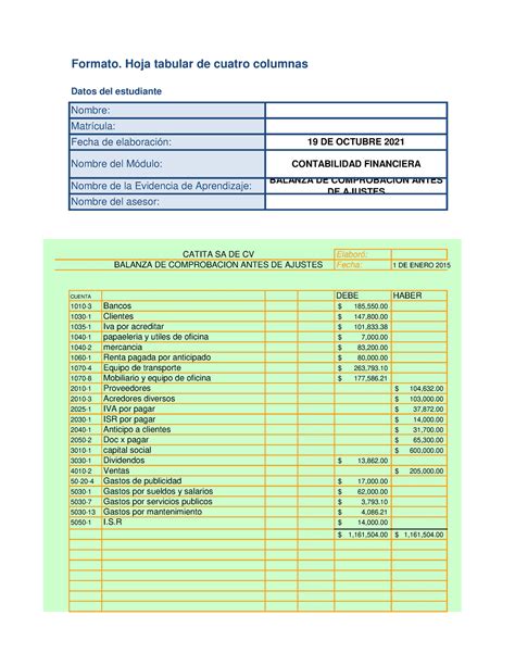 Balanza De Comprobacion Catita Examen Formato Hoja Tabular De Cuatro