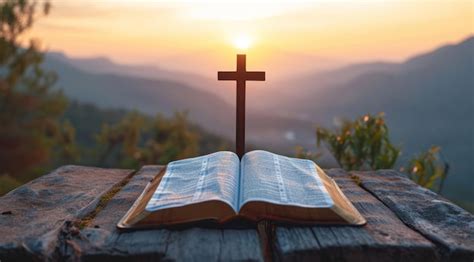 Premium Photo Open Bible Book On A Wooden Table At Sunset With Cross In Front Of It Strong