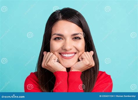 Photo Of Dreamy Adorable Mature Woman Wear Red Sweater Arms Cheeks