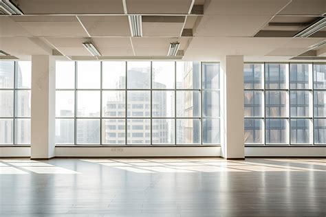 Empty Office Space With Tall Windows And Open Floors Background, High ...