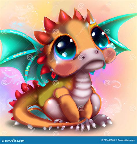 Cute And Adorable Colorful Baby Dragon With Wings Sitting Looking Up