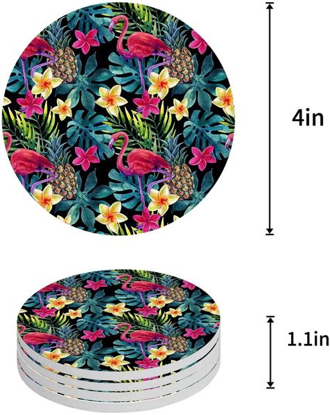 ZHANZZK Tropical Plant Hawaiian Flower Flamingos Set Of 6 Round Coaster