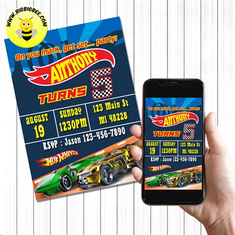 Custom Hot Wheels Race Cars Digital Invitation Printable Birthday Card