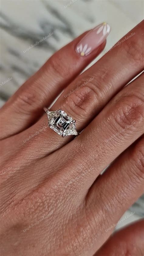 Asscher Cut Moissanite Engagement Ring Three Stone Asscher Engagement