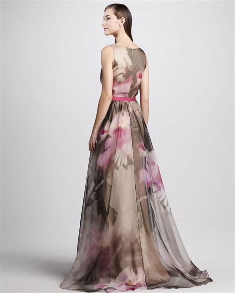 Badgley Mischka Floral Print Organza Ball Gown In Gray Lyst