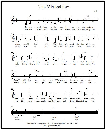 Free Irish Sheet Music "The Minstrel Boy" with Guitar Tabs