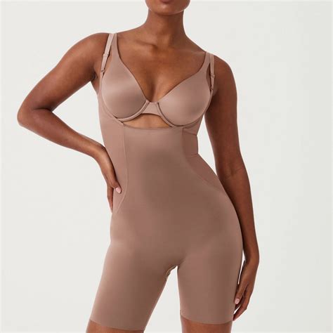 Spanx Shaping Satin Medium Control Mesh Open Bust Mid Thigh Bodysuit