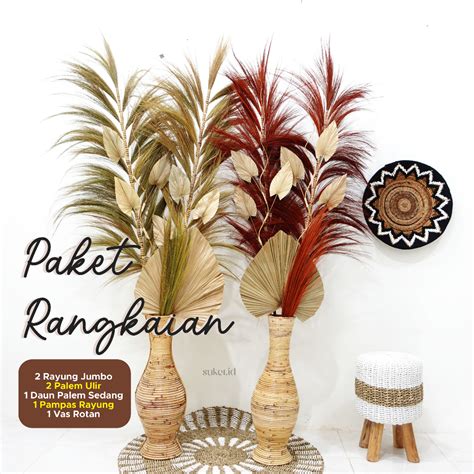 Jual Paket Rangkaian Bunga Vas Rotan 70cm Dekorasi Ruangan Shopee