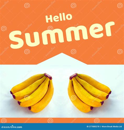 Composite Of Hello Summer Text And Fresh Bananas On White And Peach