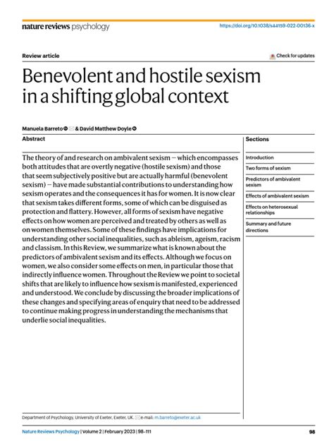 Benevolent And Hostile Sexism In A Shifting Global Context Psychology