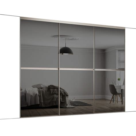 Spacepro Minimalist 3 Door Sliding Wardrobe Kit Silver Framed Grey Glass Doors 2702 X 2260mm