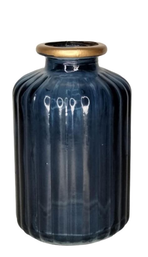 Gold Ringed Top Blue Ribbed Glass Bottle Vase Diffuser H 4 Inches
