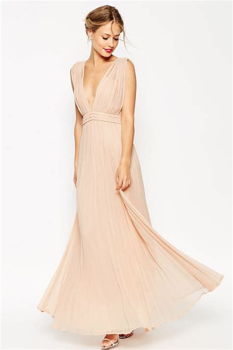 robe de cocktail bohème nude sexy longue bustier plissé col v plongeant