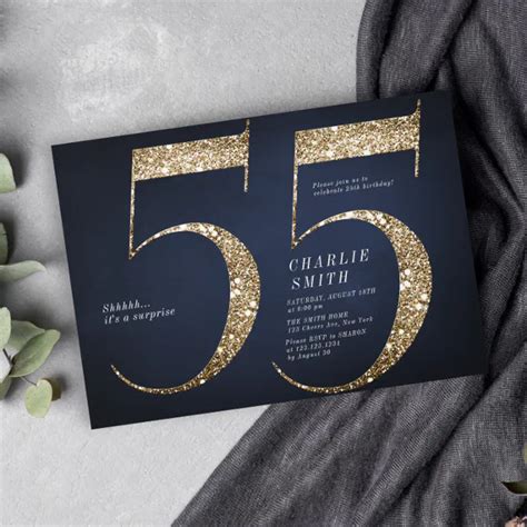 Modern Minimalist Navy Gold Glitter 55th Birthday Invitation Zazzle