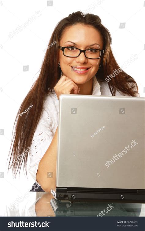 Young Woman Laptop Smiling Camera Isolated Stock Photo 86770663 ...