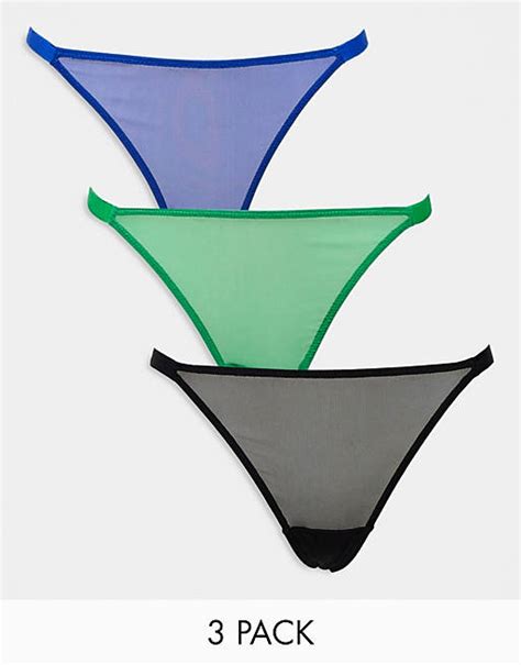 Asos Design 3 Pack Mesh Tanga Thong In Green Cobalt And Black Asos