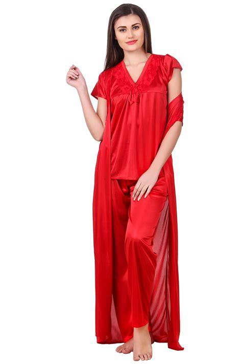 Fasense Women Satin Red Nightwear Top Pajama Set With Robe Buy