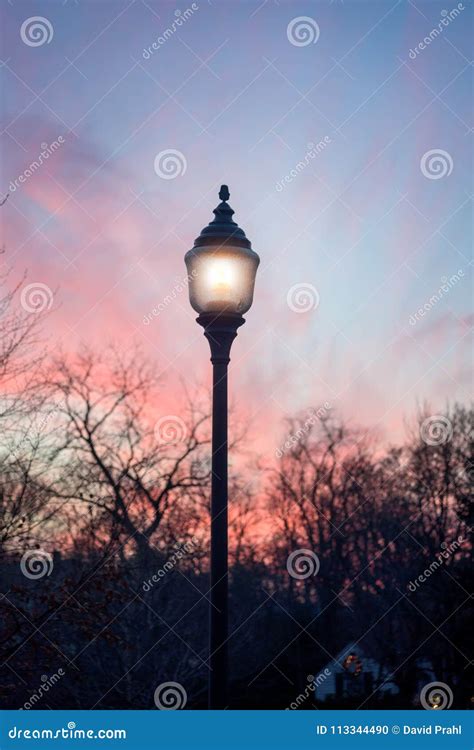 Single Street Light Glowing At Sunset In Park Stock Photo Image Of