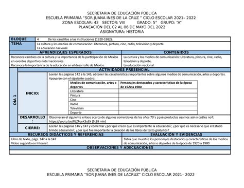 Planeacion Historia 5to Grado Mayo 2022 SECRETARIA DE EDUCACIÓN