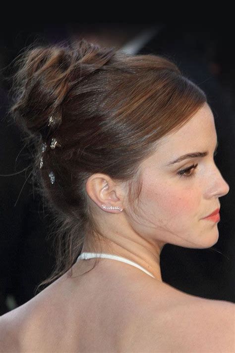 Emma Watson Straight Medium Brown Barrette Bun Updo Hairstyle Steal