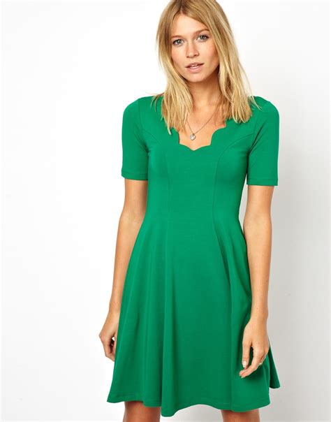 Lyst Asos Skater Dress With Scallop Detail In Green