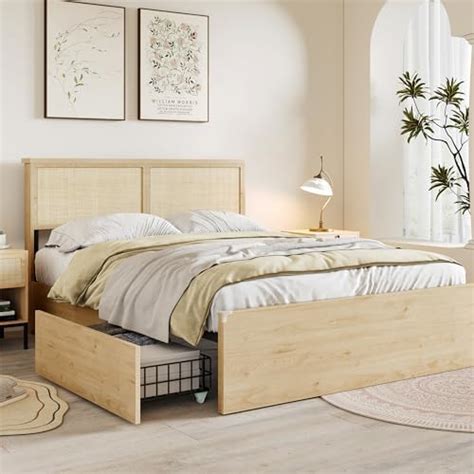 Amazon Yechen Queen Bed Frame With Natural Rattan Headboard And