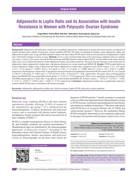 Pdf Adiponectin To Leptin Ratio And Its Association With Insulin