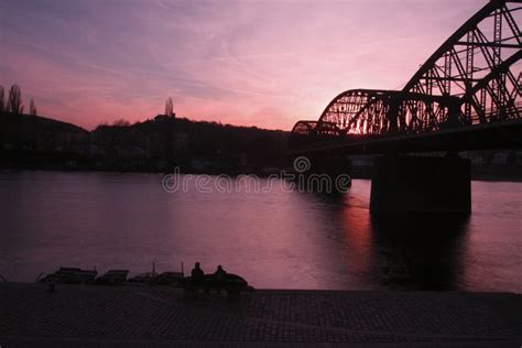 Prague Railway Bridge at Sunset Stock Image - Image of czech ...