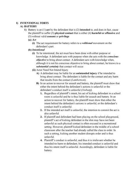 Torts Outline I Intentional Torts A Battery Battery Is An Act