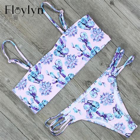 Floylyn Purple Floral Print Bandeau Push Up Swimwear Bikini Bandage