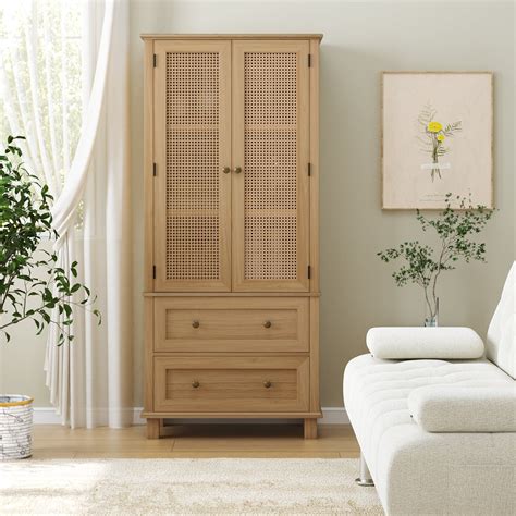 Homfa Storage Cabinet with Rattan Doors, Tall Cabinet Rattan Cabinet