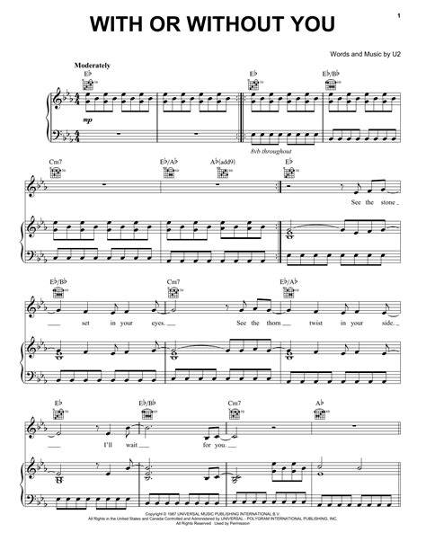 With Or Without You Sheet Music By U Piano Vocal Guitar Right