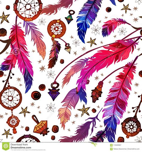 Ethnic Feather Seamless Pattern In Boho Style Stock Vector