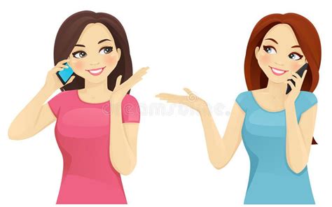 Friends Talking On Phone Two Women Talking On Phone Smiling Vector