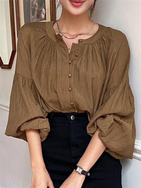 DAZY Lantern Sleeve Button Front Blouse Blouse Casual Fashion