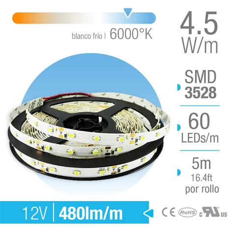 Tira LED SMD 3528 Interior Blanco Frío 60 LEDs m 12V 4 5W x5m Lassutech