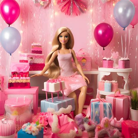 Premium AI Image Cute Blonde Barbie Wearing Pink Outfit Around Birthday Gifts In Pink Style