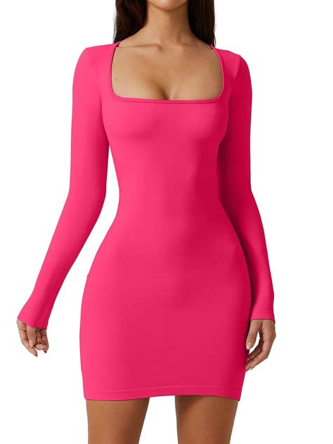 Shunvnny Women Bodycon Dress Long Sleeve Square Neck Solid Slim Fit Fall Mini Dress Clubwear